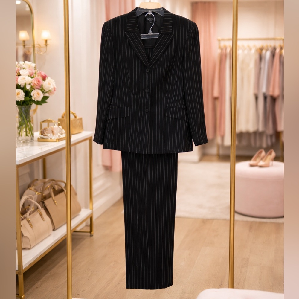 Kasper Classics Petite Black Pinstripe Pant Suit Set 2 Piece 16P Career Office